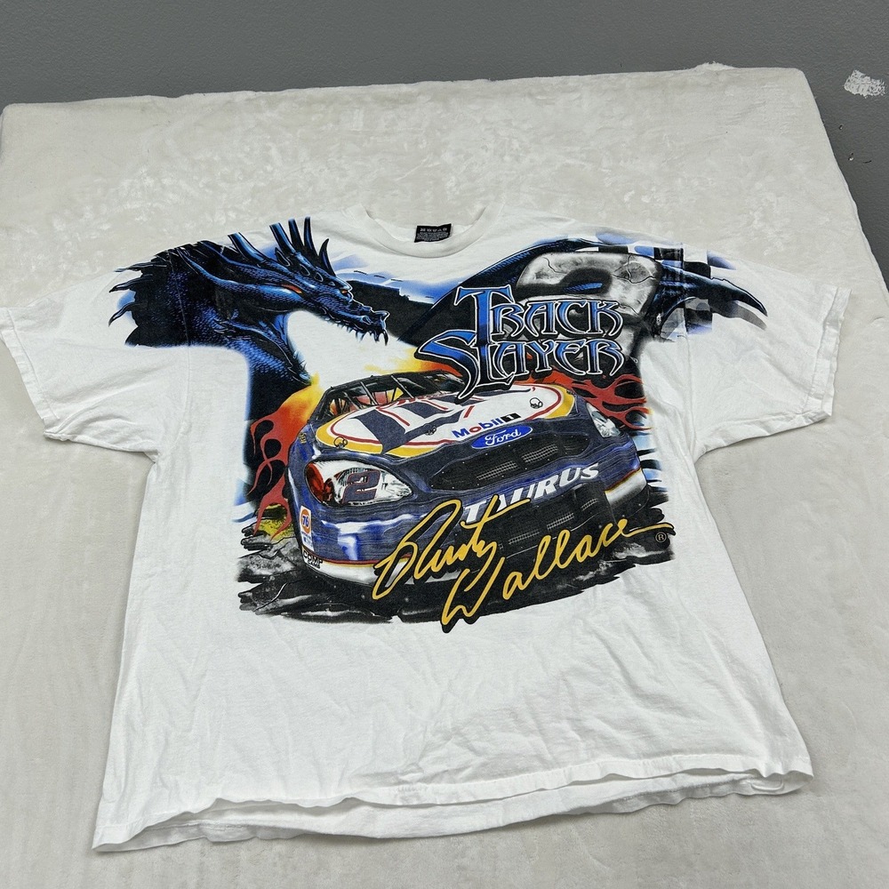 NASCAR T-Shirt Mens XL White Rusty Wallace Track Slayer Dragon All Over Print